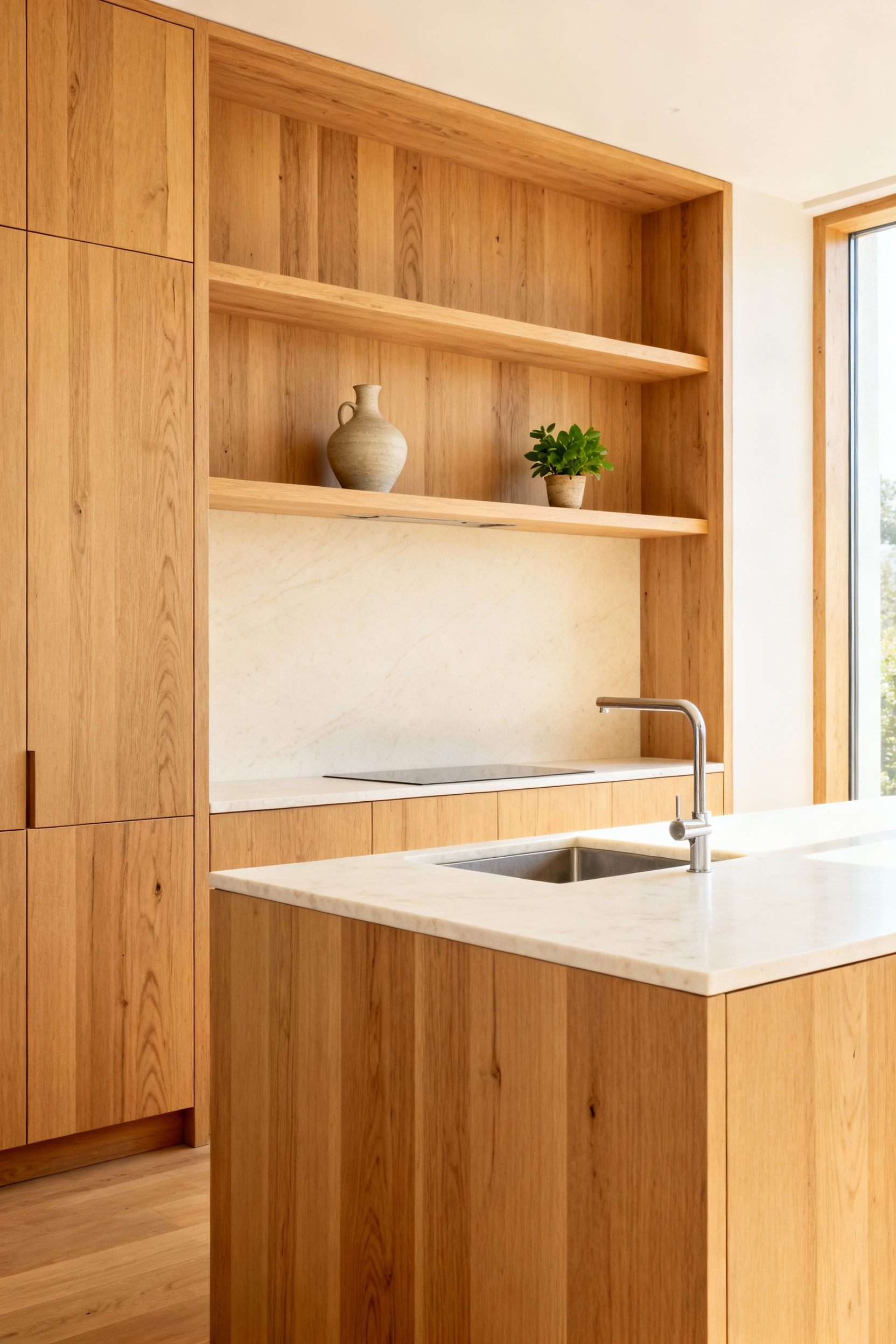 A modern rustic kitchen featuring flat-panel raw white oak rustic kitchen cabinets and clean Scandinavian design under bright natural light.