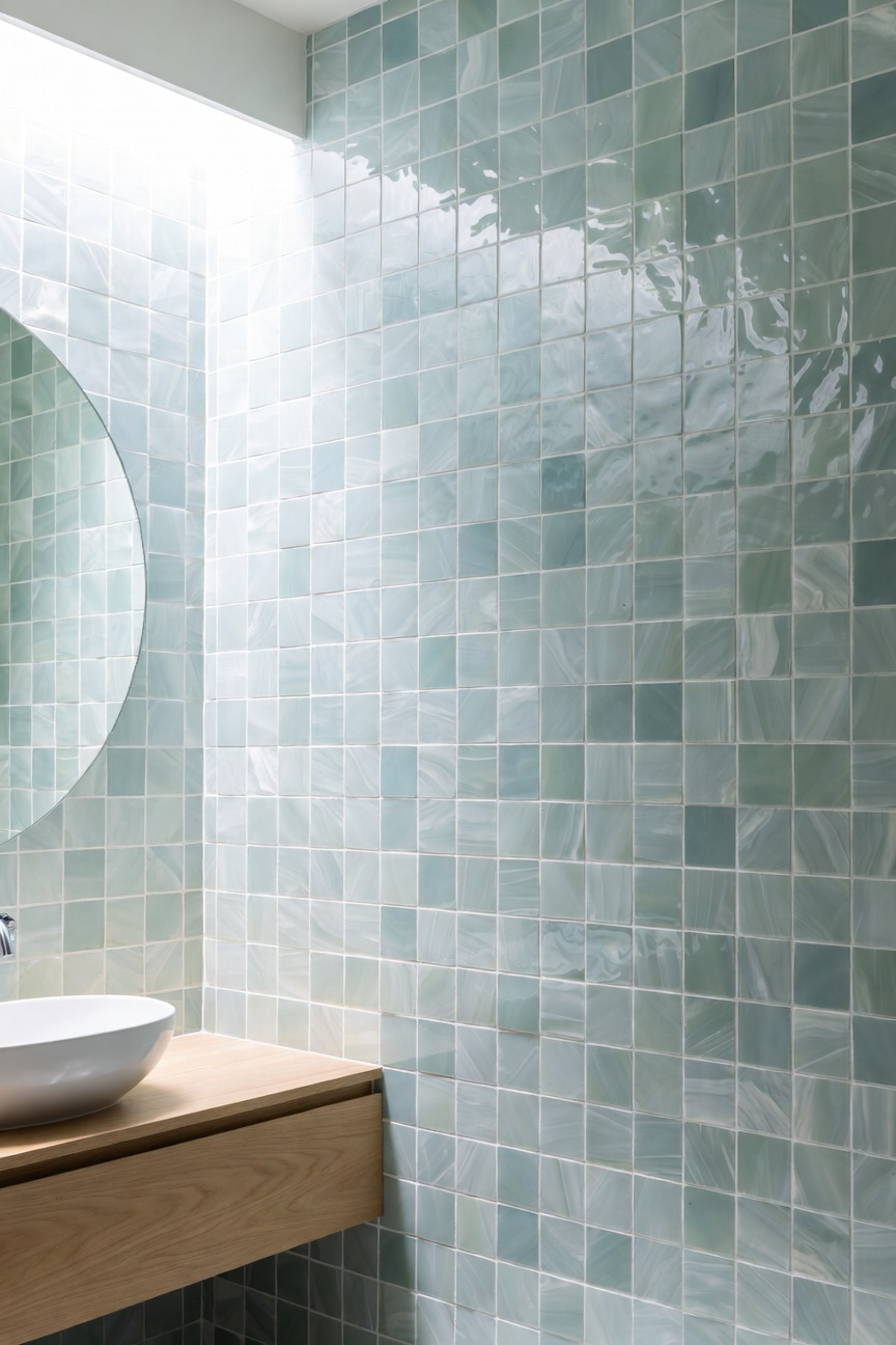 Luxury coastal bathroom design featuring a wall of geometrically uniform satiny matte recycled glass aggregate tiles in pale seafoam and aqua tones.