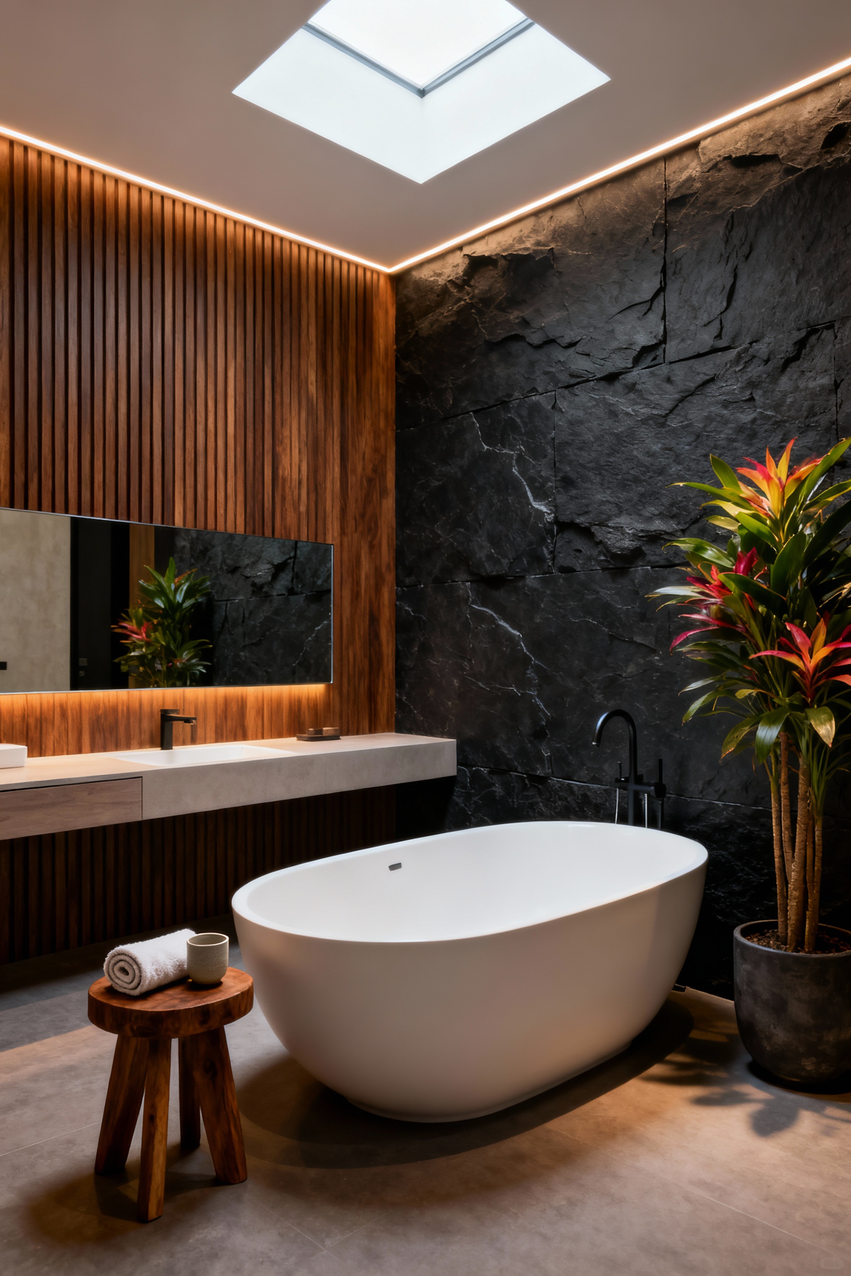 A serene, modern bathroom featuring a deep soaking tub and warm wood accents, illustrating a design shift toward psychological refuge and restorative mental well-being.