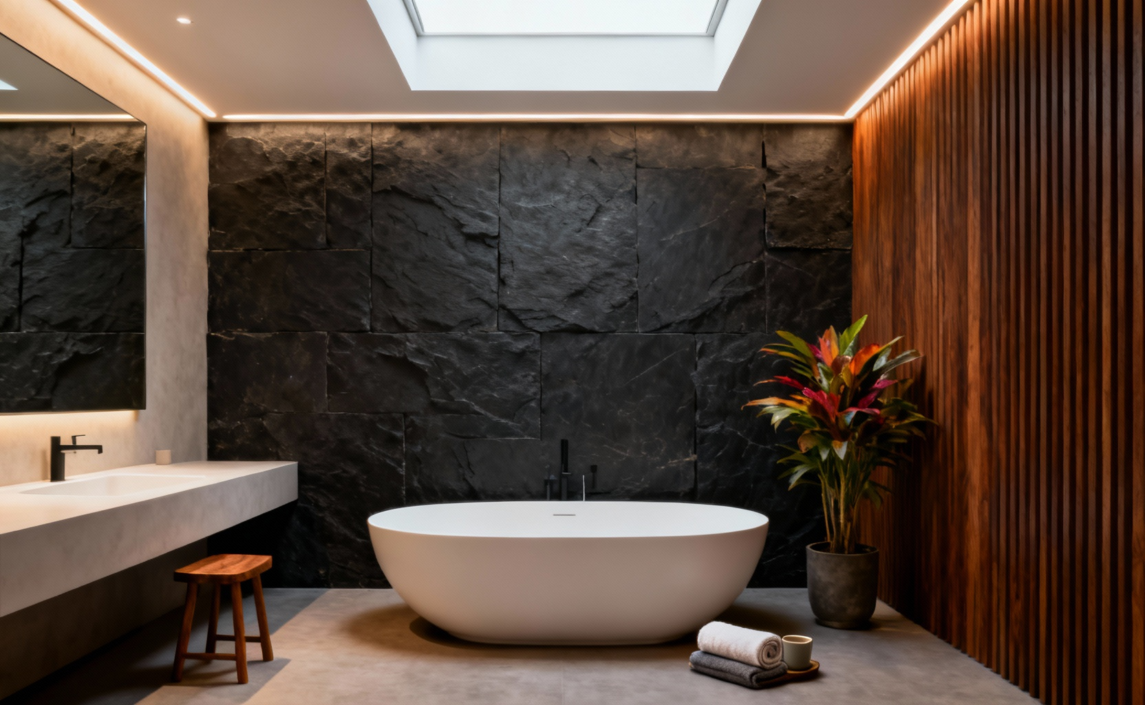 A serene, modern bathroom featuring a deep soaking tub and warm wood accents, illustrating a design shift toward psychological refuge and restorative mental well-being.