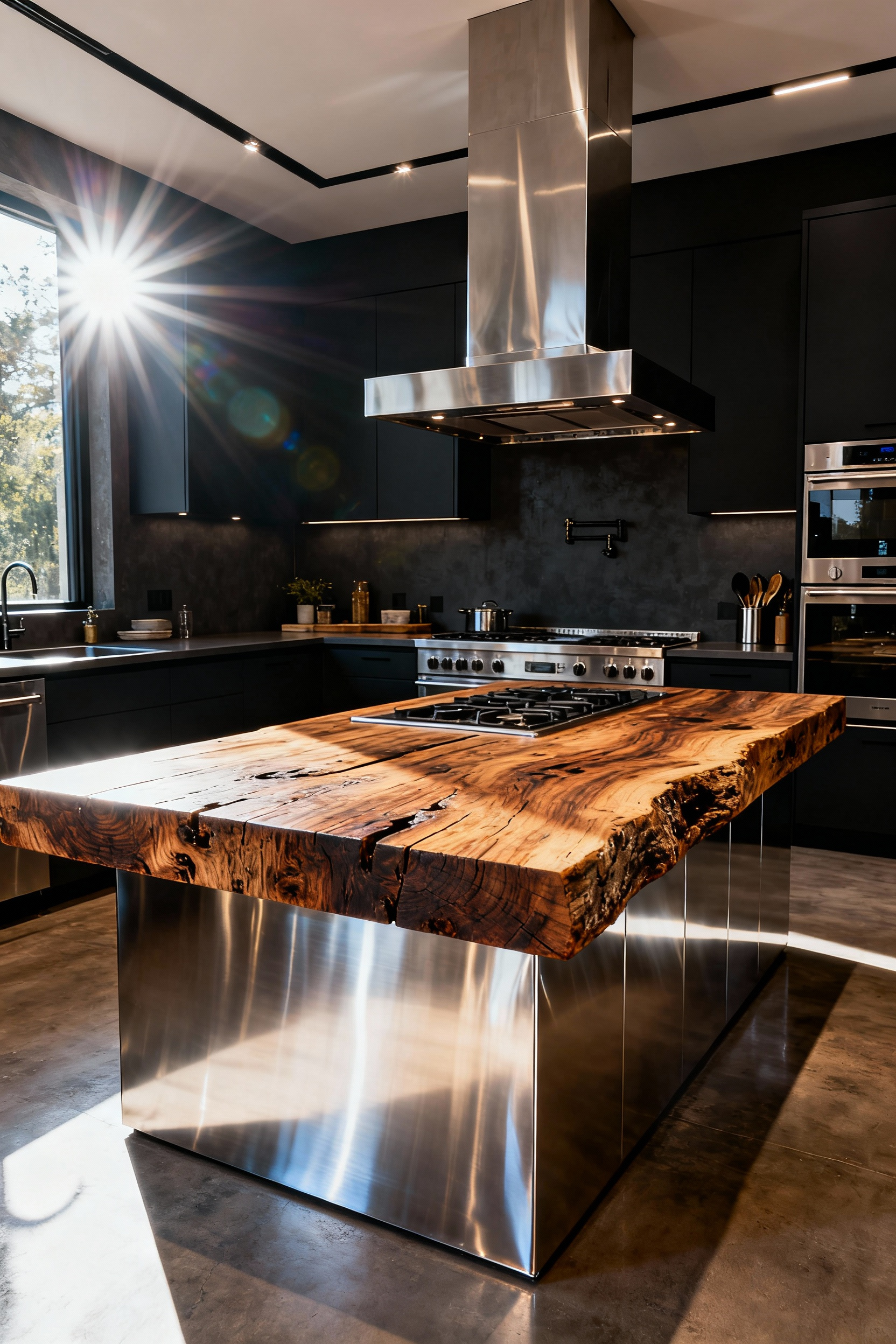 A modern industrial kitchen island featuring a thick, rough-hewn wood countertop set atop a sleek, polished stainless steel base, illustrating tactile design hierarchy.