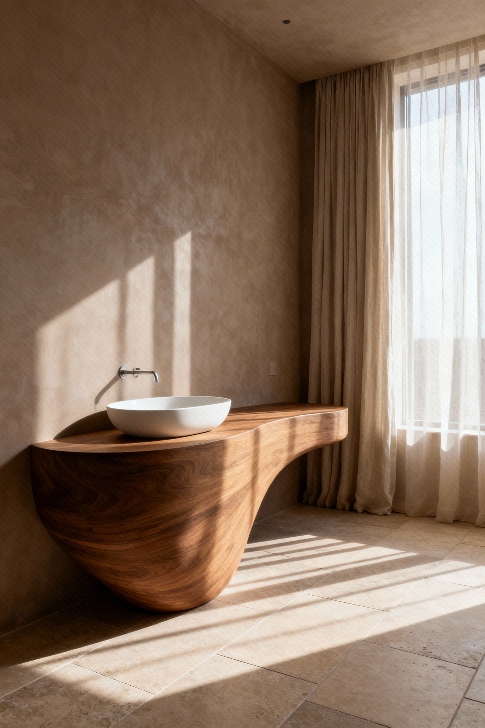 A serene, spa-like bathroom featuring a curved, solid oak floating vanity with a seamless white porcelain sink, illuminated by soft morning light, emphasizing psychological comfort through design flow.