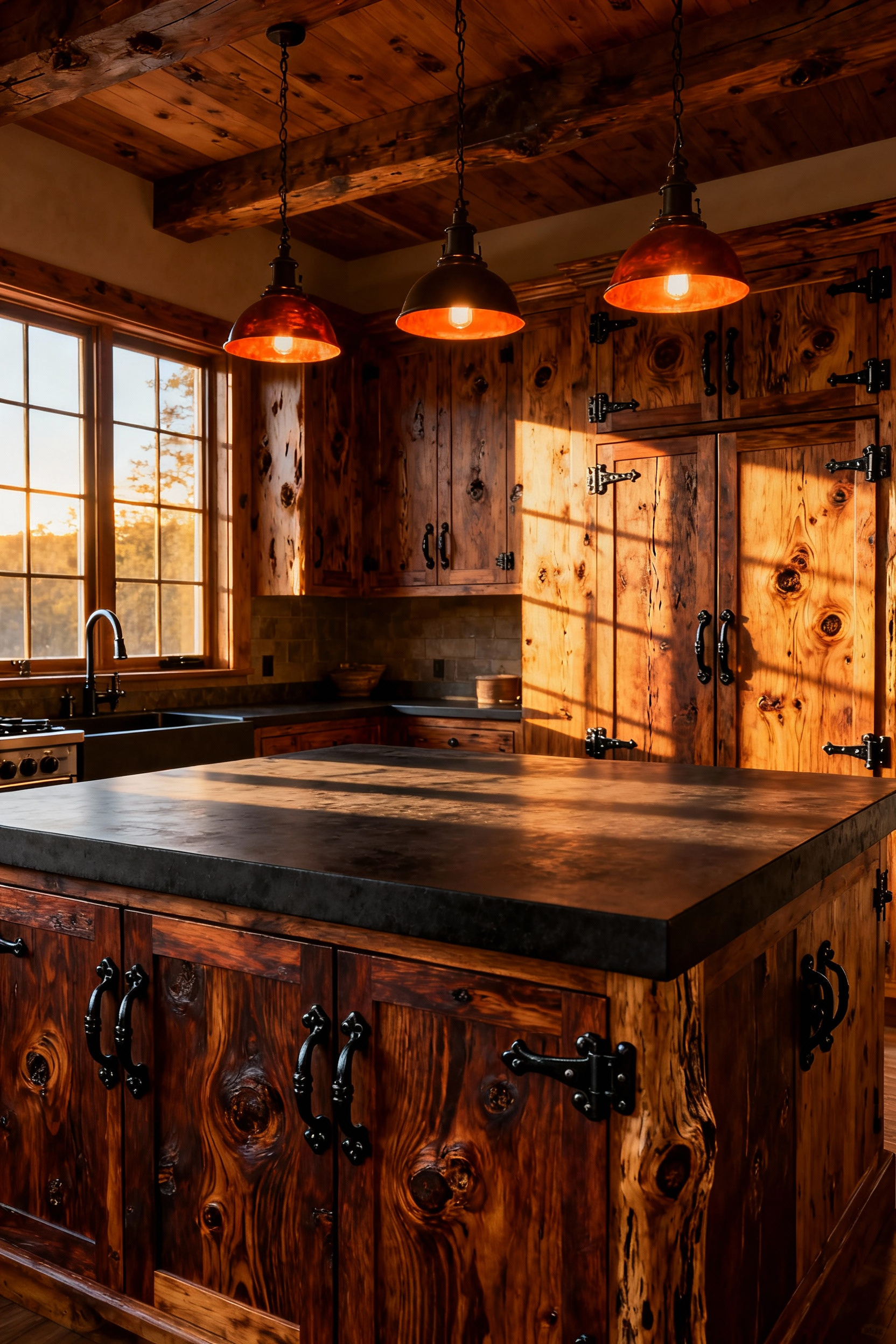 Rustic kitchen cabinets made of visibly knotty alder wood stained dark cognac, showcasing material integrity, warmth, and heavy wrought iron hardware in a timeless kitchen design.