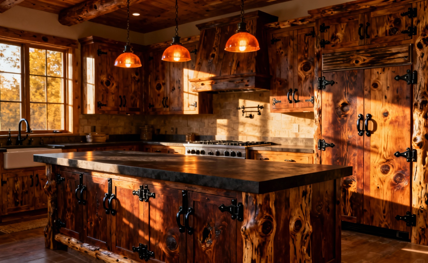 Rustic kitchen cabinets made of visibly knotty alder wood stained dark cognac, showcasing material integrity, warmth, and heavy wrought iron hardware in a timeless kitchen design.