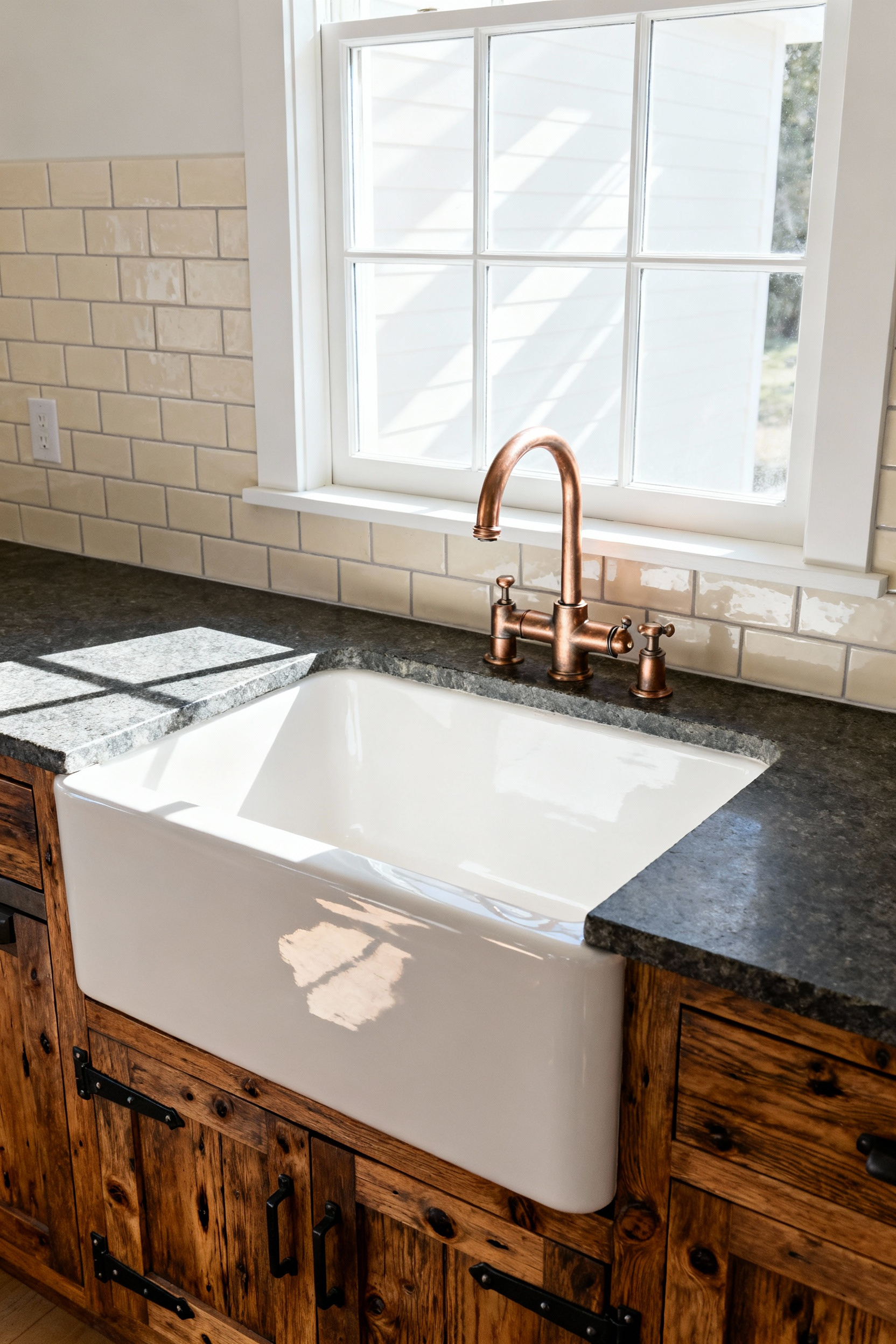 A wide view of a rustic kitchen featuring distressed knotty alder cabinets and a large white fireclay apron-front sink, emphasizing the statement basin design.