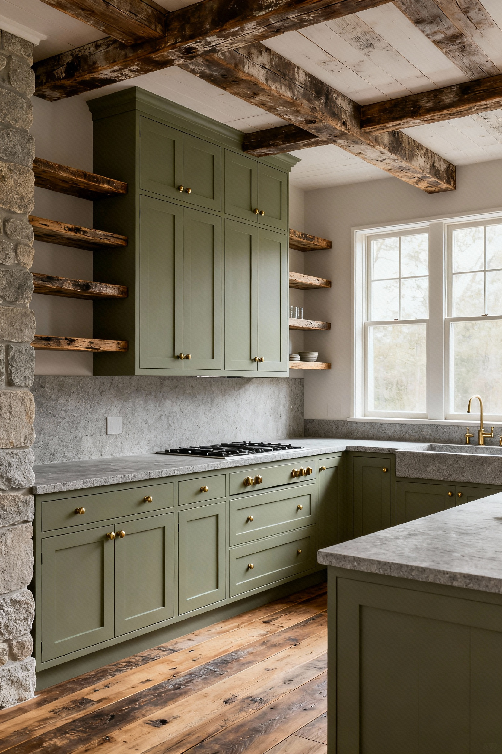 A photograph of rustic kitchen cabinets painted in a deep, ultra-matte sage green. The matte finish absorbs light, emphasizing the grounded, tactile quality of the earth-inspired paint color.