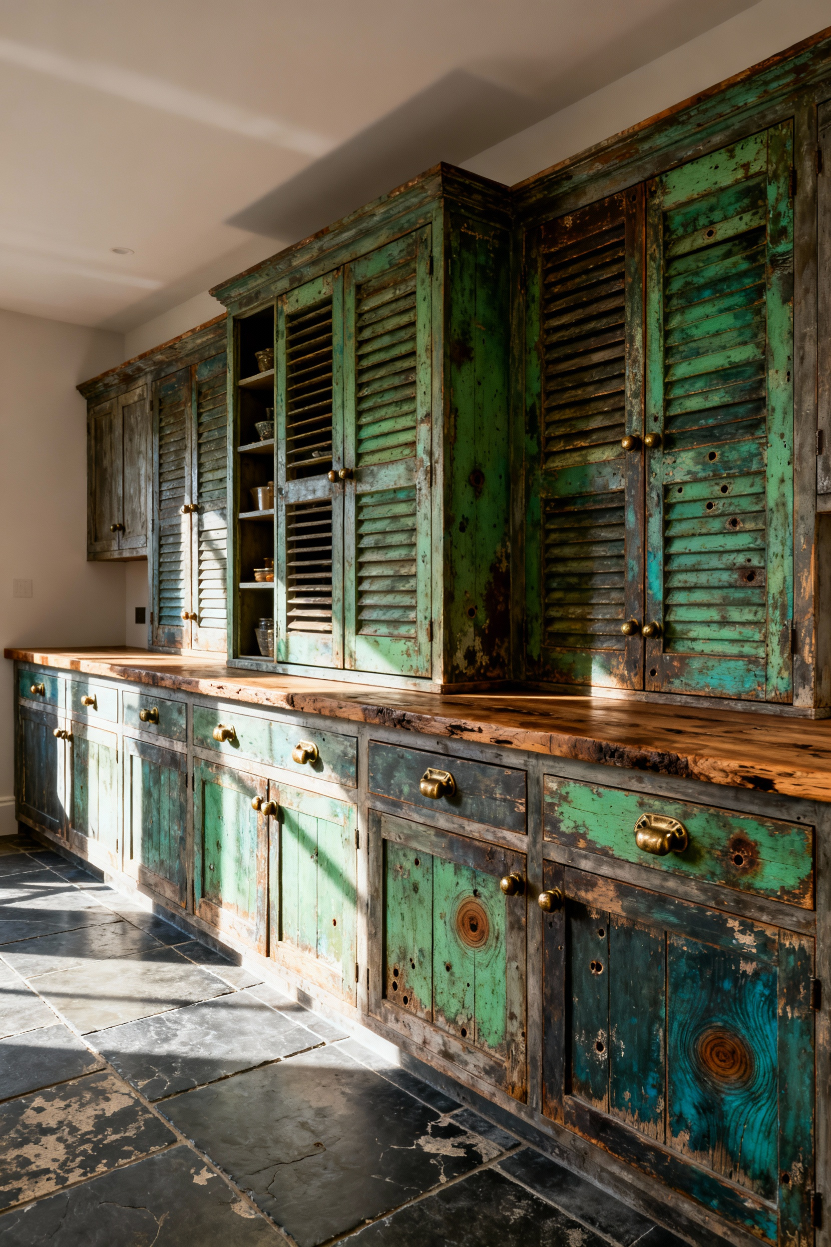 Rustic kitchen cabinets constructed from salvaged architectural wood featuring faded green patina, wide growth rings, and vintage brass hardware.