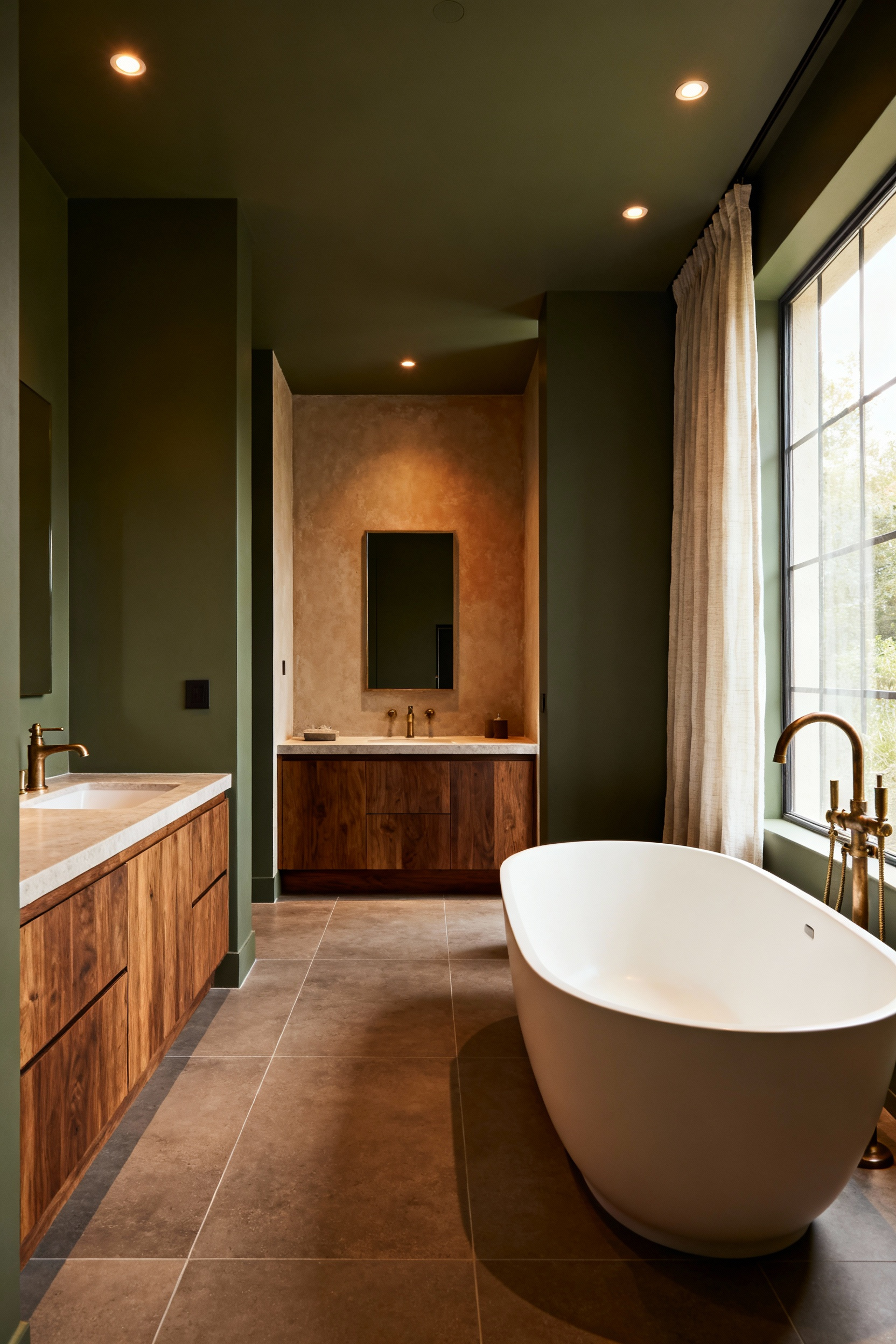 A modern tranquil bathroom featuring matte sage green walls a walnut vanity and an oval soaking tub illustrating the shift from stark white minimalism to healing earth tones.