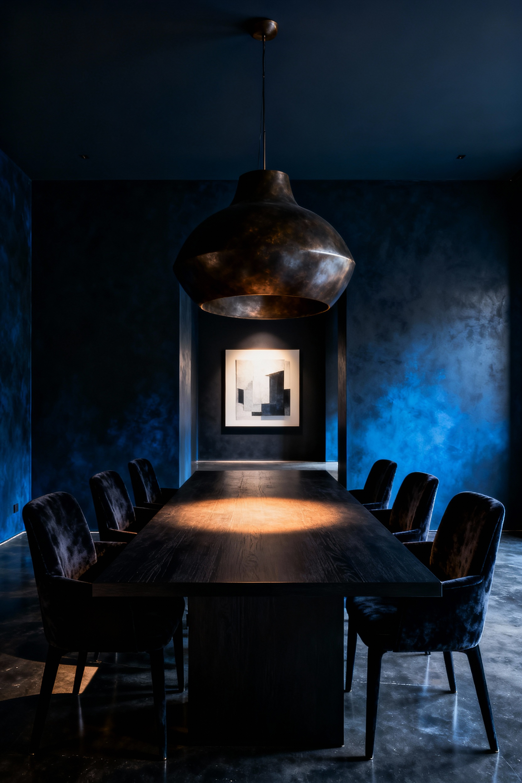 Formal dining room featuring walls painted in a deep sapphire black with blue undertones, creating a cool and contemplative mood. A dark wood table is lit dramatically by a bronze chandelier.