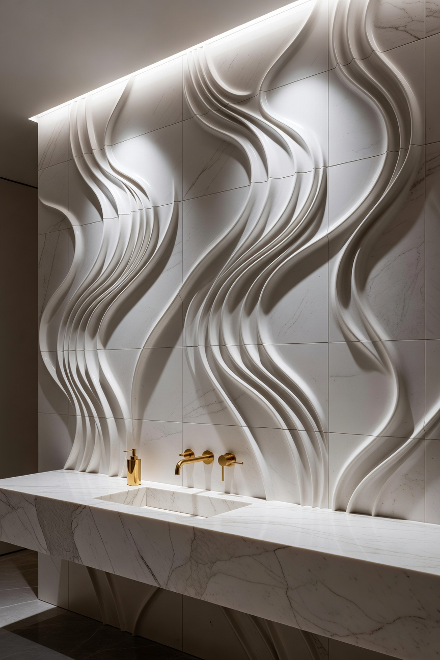High-end powder room featuring sculptural relief wall tiles illuminated by grazing LED light to create depth and shadow.