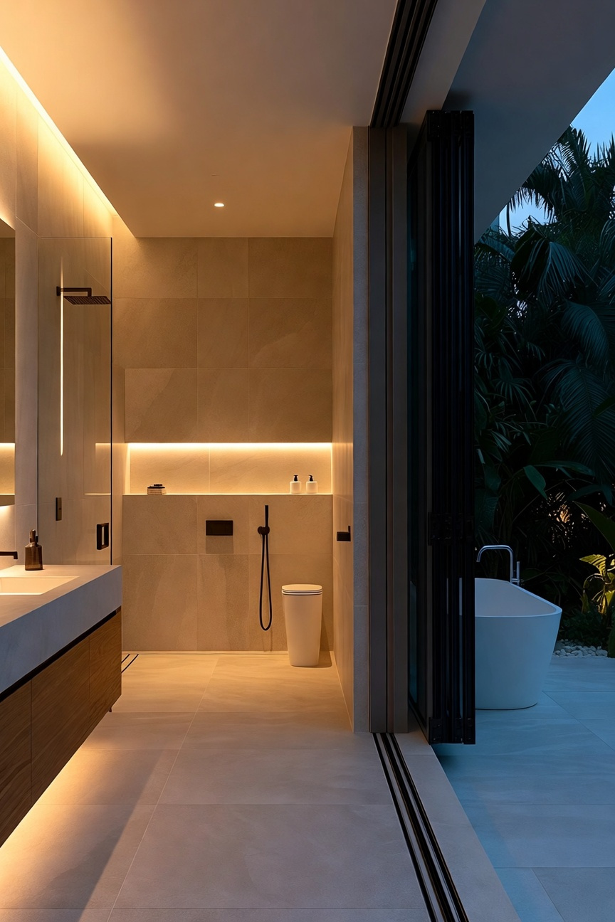 Seamless indoor-outdoor coastal master bathroom design featuring fully retracted glass walls, continuous large-format sandy tiles, a floating teak vanity, and integrated warm twilight lighting creating a Lanai aesthetic.