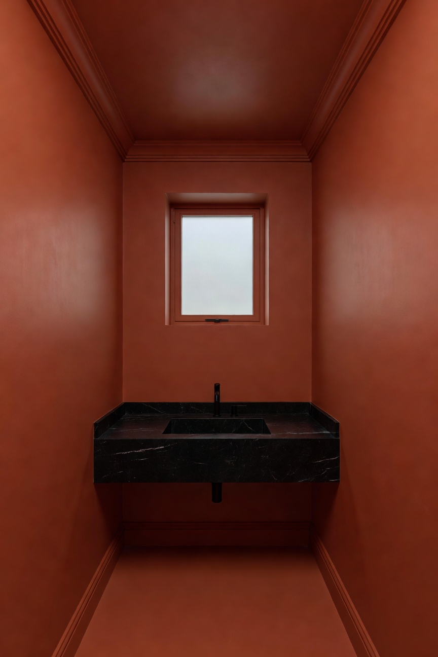 A small bathroom remodel using the color drenching technique with terracotta walls, ceiling, and trim creating a seamless look.