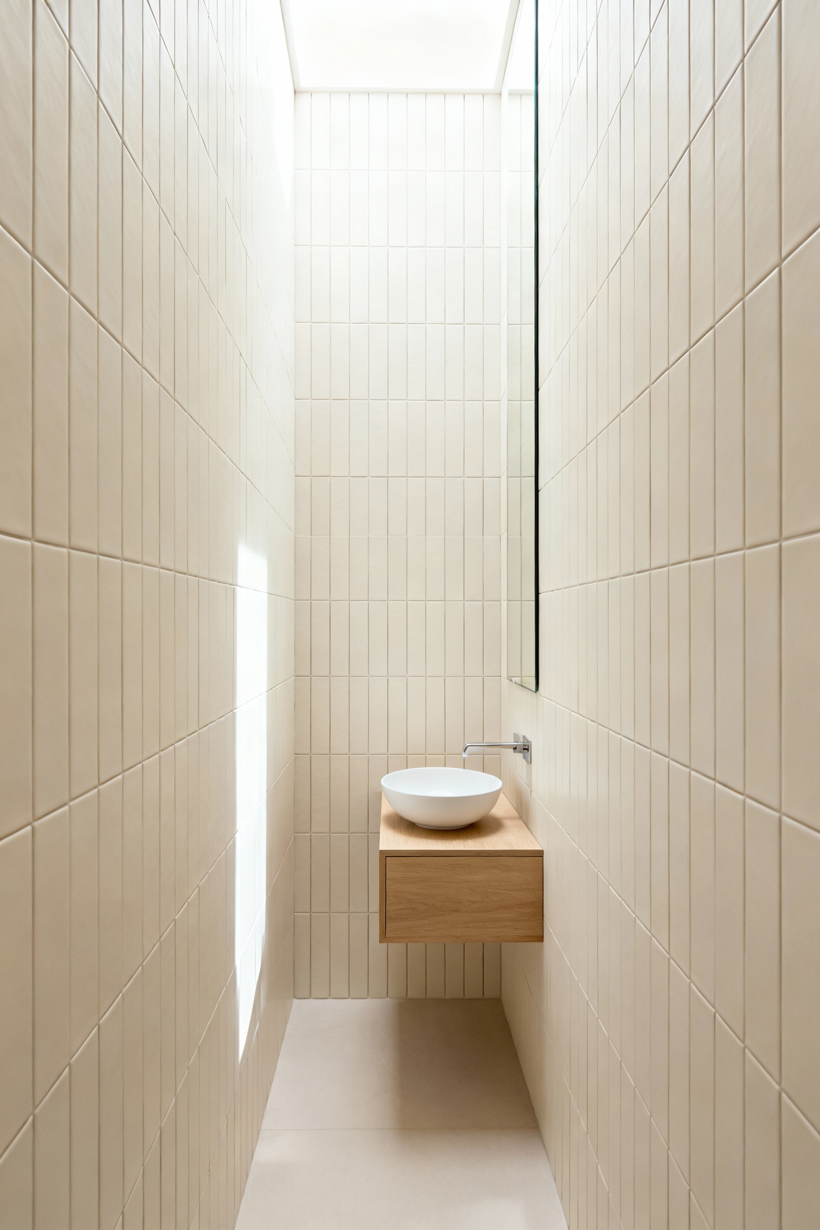 A small modern bathroom featuring light cream, vertically stacked tile running continuously from the floor to the ceiling, creating an illusion of increased room height and volume.