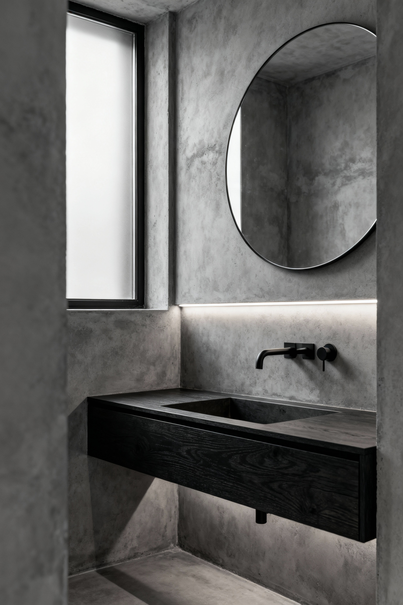 Small, minimalist bathroom layout featuring a monochromatic envelope design achieved by covering all surfaces in a seamless industrial grey finish to visually blur the corners and maximize the perceived size of the room.