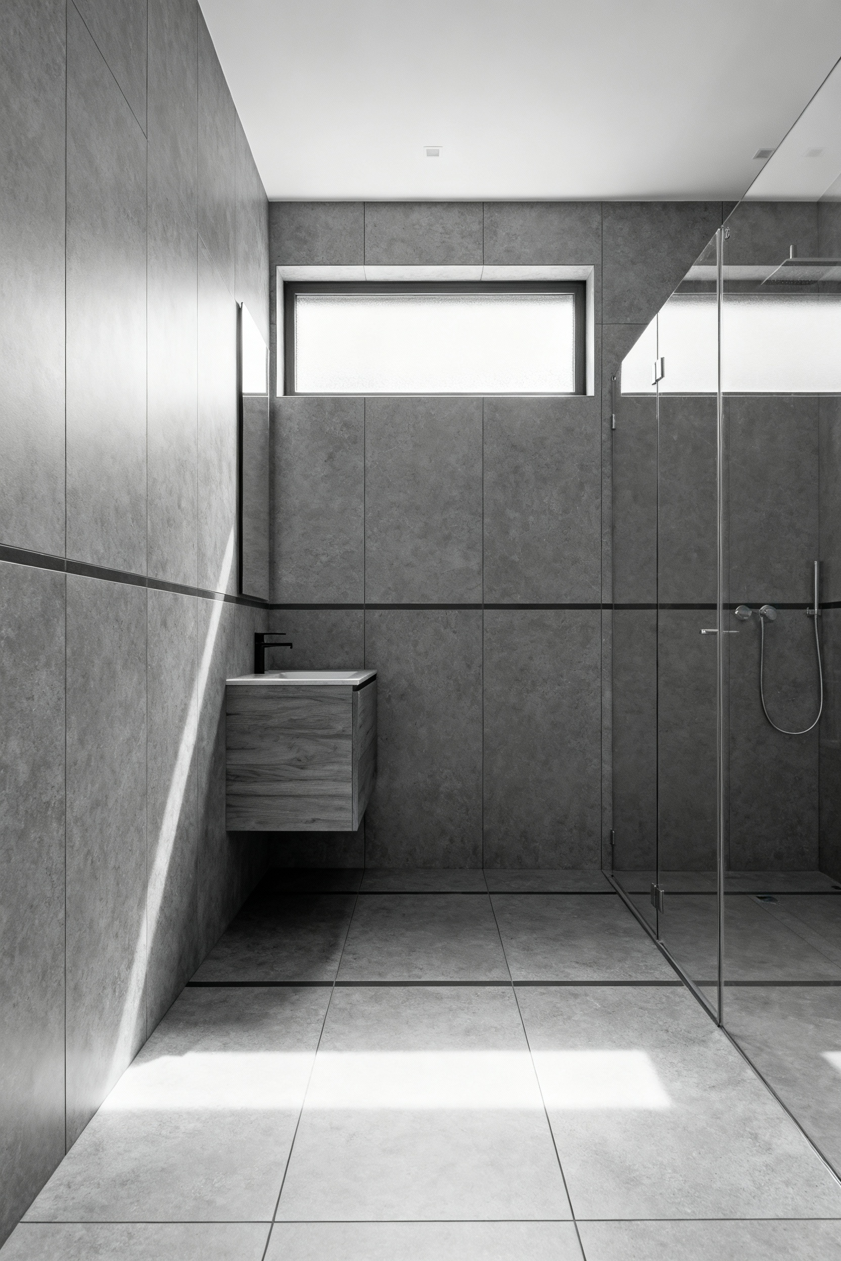 A modern, small bathroom design featuring seamless, large-format grey stone tiles covering all walls and the floor, creating a monolithic surface that visually expands the perceived space by eliminating grout lines and breaks.