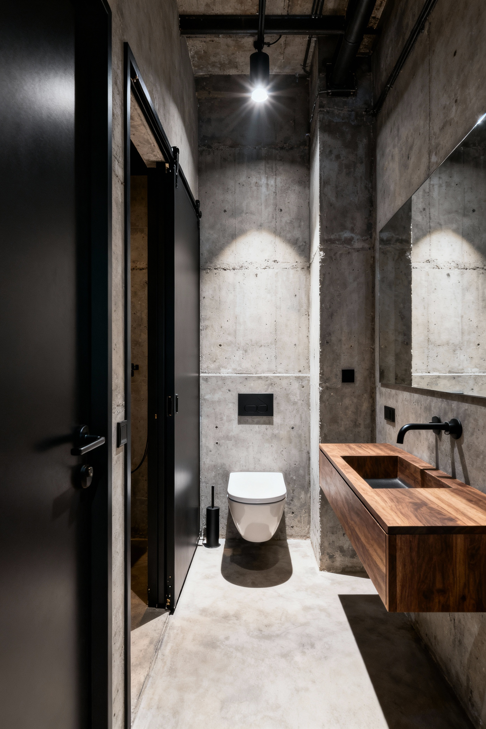View of a small, industrial-style bathroom featuring a pocket door fully retracted, demonstrating how the space reclaimed eliminates the dead zone created by a traditional door swing.
