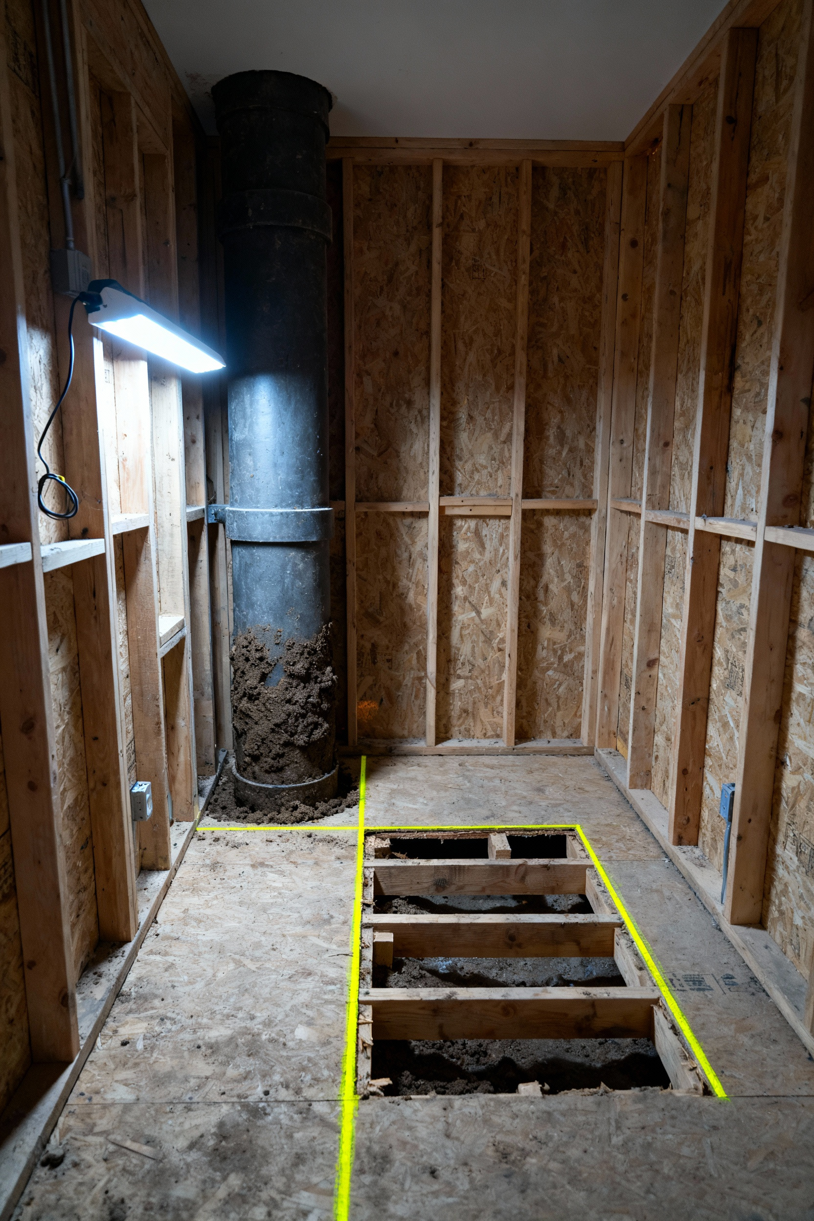 Small gutted bathroom under renovation showing exposed studs, a large soil stack pipe, and a chalk line on the subfloor, emphasizing the re-engineering of the layout footprint.