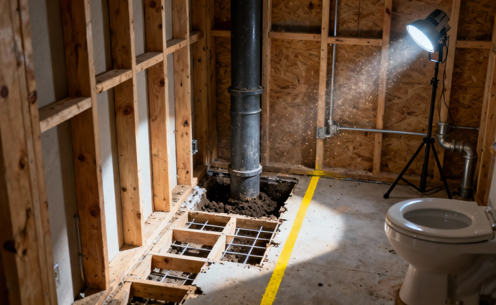 Small gutted bathroom under renovation showing exposed studs, a large soil stack pipe, and a chalk line on the subfloor, emphasizing the re-engineering of the layout footprint.