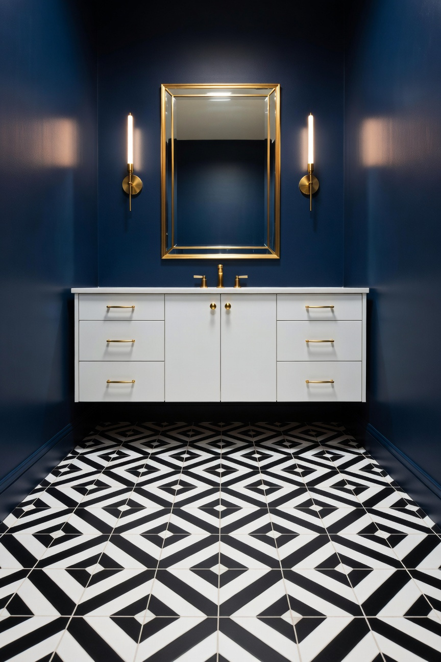 A small bathroom featuring high-contrast black and white geometric encaustic floor tiles and deep blue walls with gold fixtures.