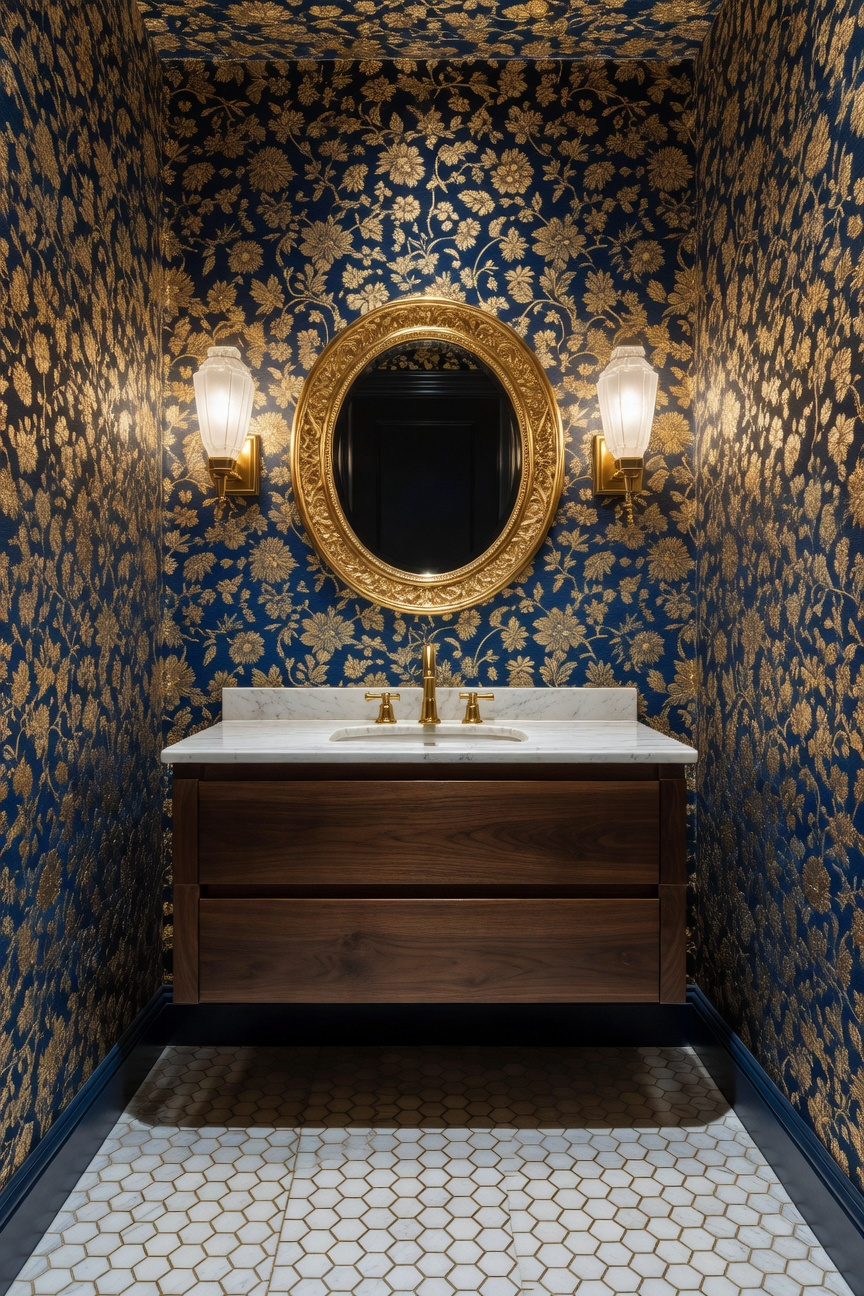 A luxury small bathroom remodel featuring deep blue botanical wallpaper, a marble vanity, and gold accents to create a jewel box effect.