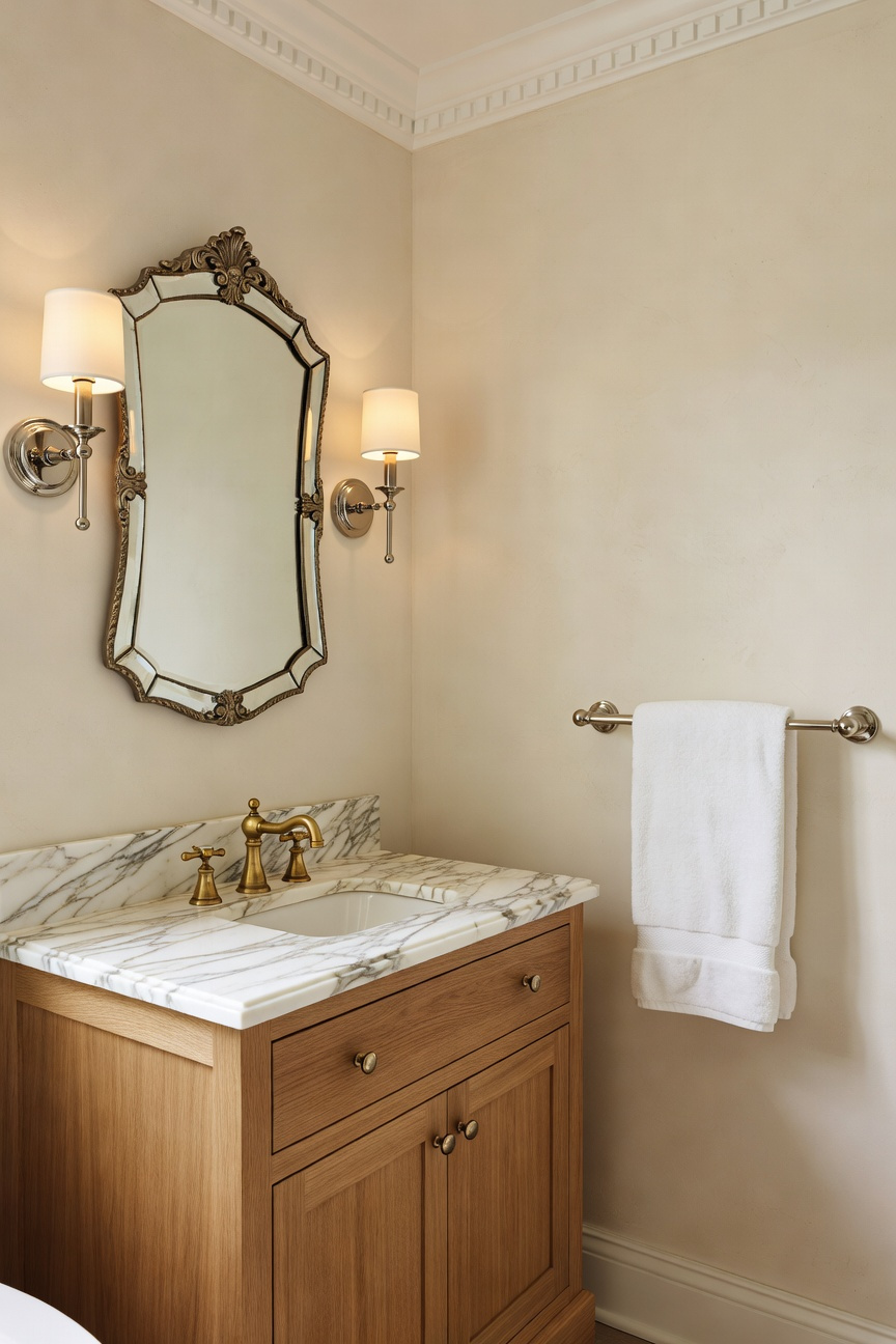 A full view of a small bathroom remodel showcasing the elegant combination of unlacquered brass faucets and polished nickel lighting.