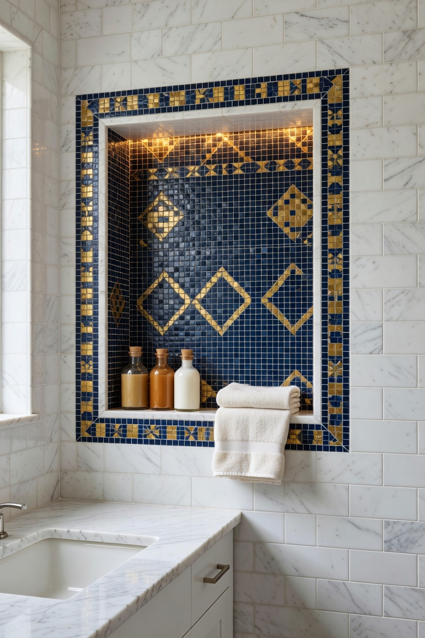 A luxurious recessed wall niche with intricate mosaic tile borders in a small bathroom remodel.