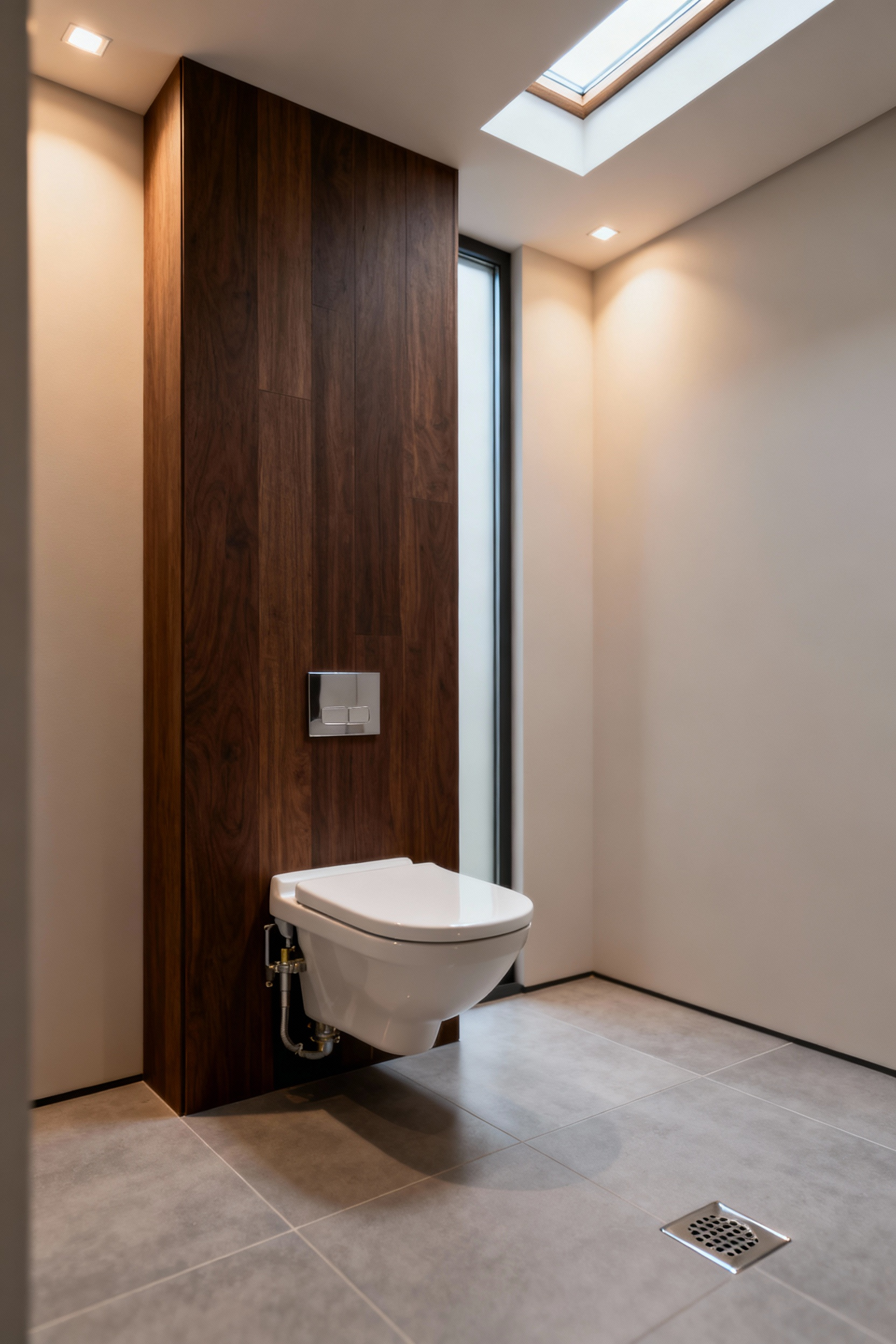 High-detail photograph showing a modern small bathroom layout with a white wall-hung toilet fixture and concealed cistern, demonstrating maximized floor space achieved through in-wall plumbing systems and continuous light gray floor tiling.