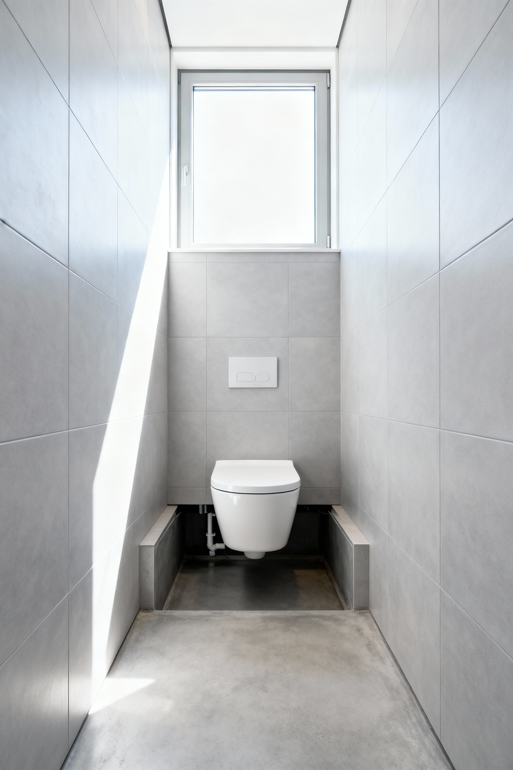Wall-mounted toilet installation in a small, modern bathroom showing significant floor space gained compared to a standard fixture.