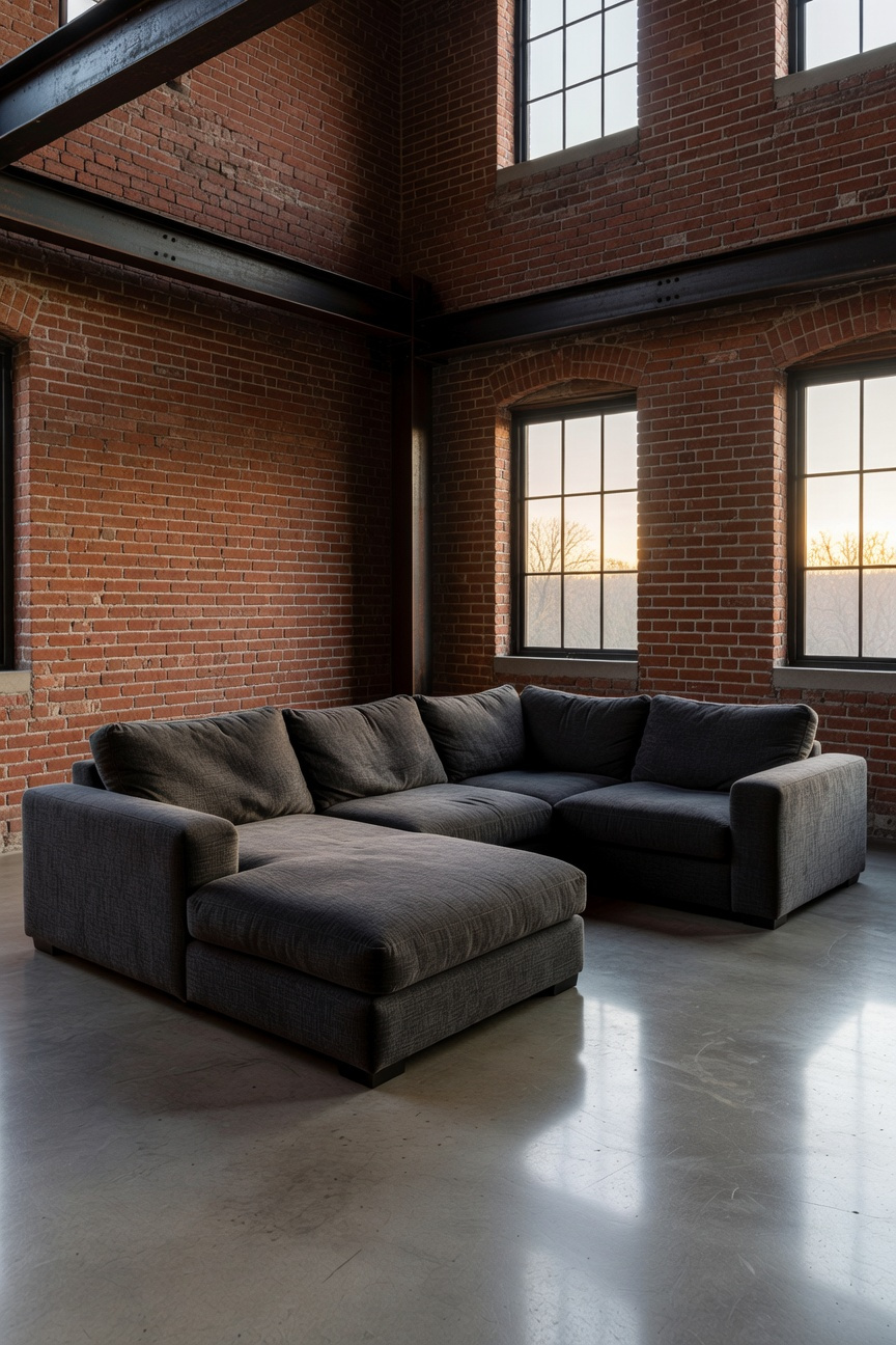 A small industrial living room featuring a large grey sectional sofa as the single anchor piece against an exposed brick wall.