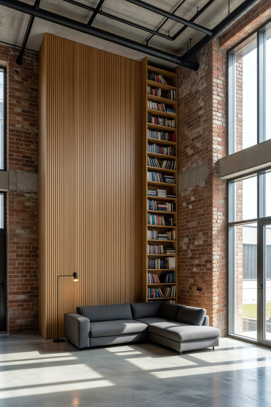 A small modern industrial living room with high ceilings, vertical wood slat walls, and tall windows to emphasize height and space.