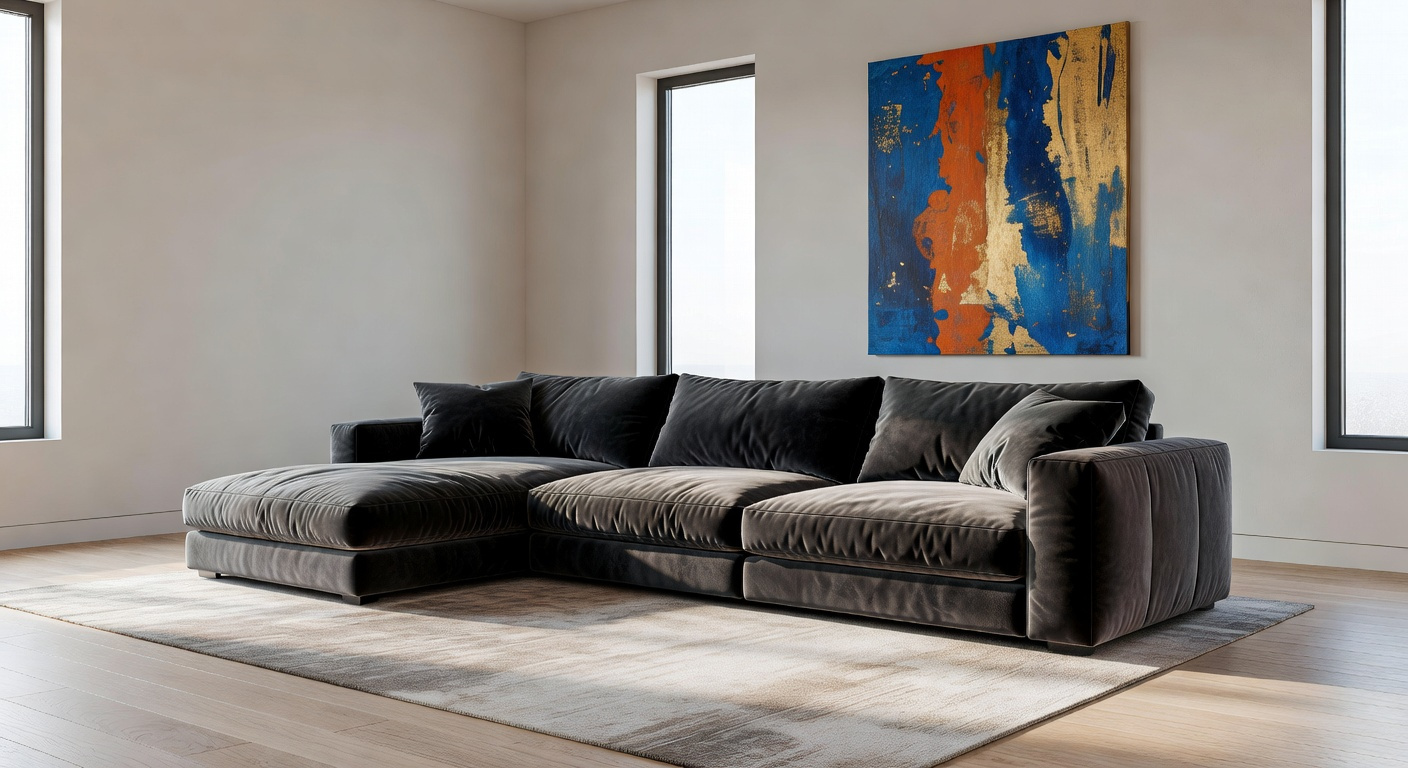 A small modern living room featuring a large, comfortable gray sectional sofa that serves as a single focal point to make the space feel larger.