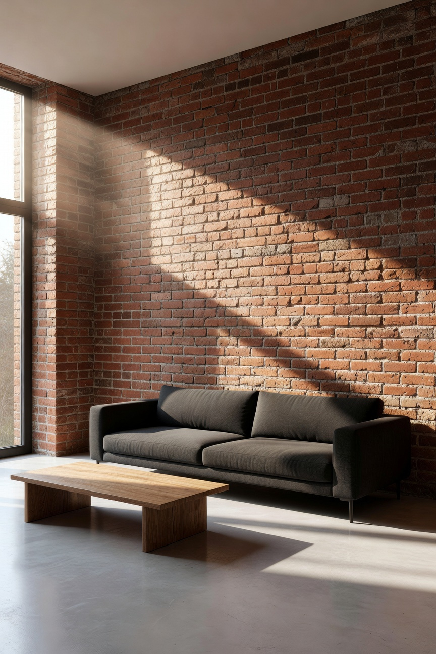 A small minimalist living room featuring an exposed red brick wall and concrete flooring to create depth through texture rather than patterns.