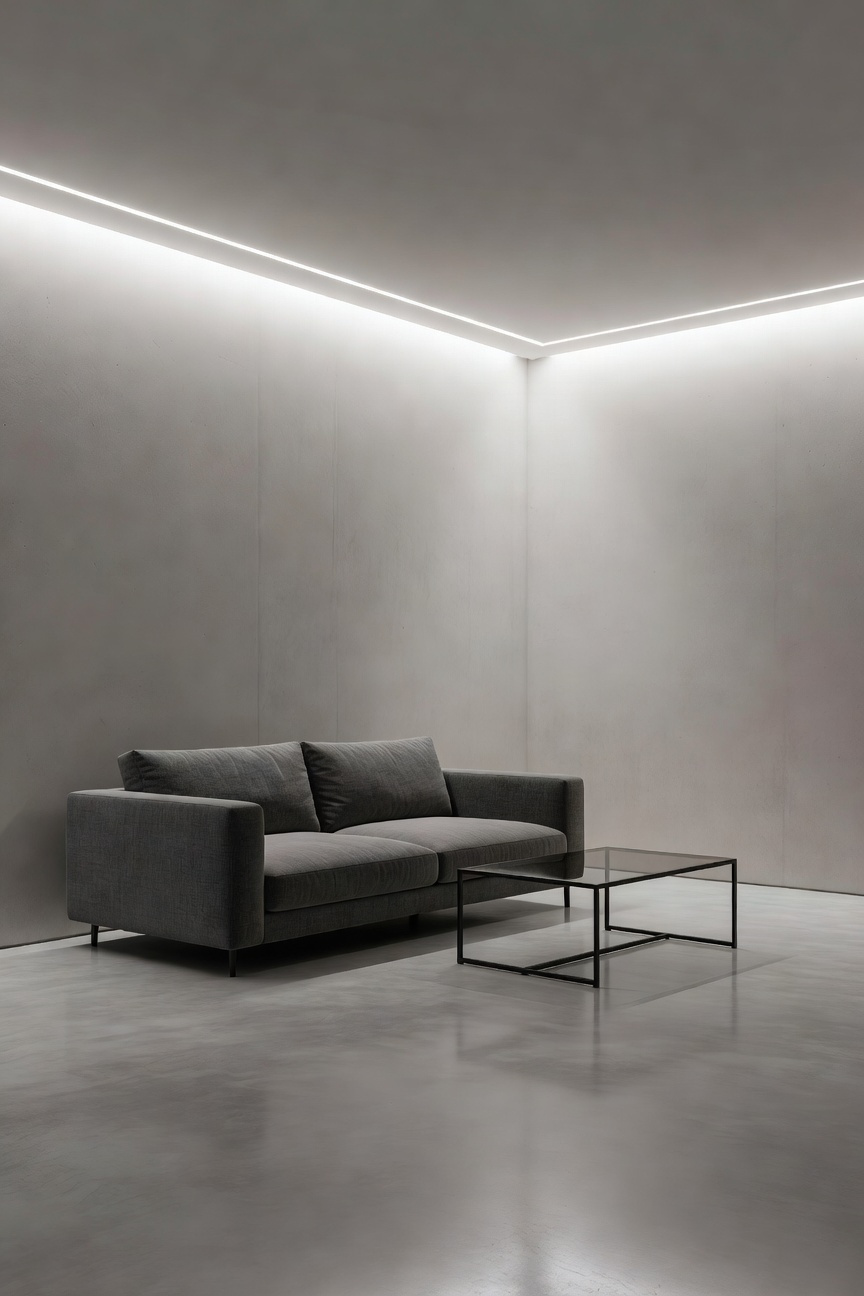 A small industrial living room with perimeter lighting washing the walls to erase shadows in the corners and expand the sense of space.