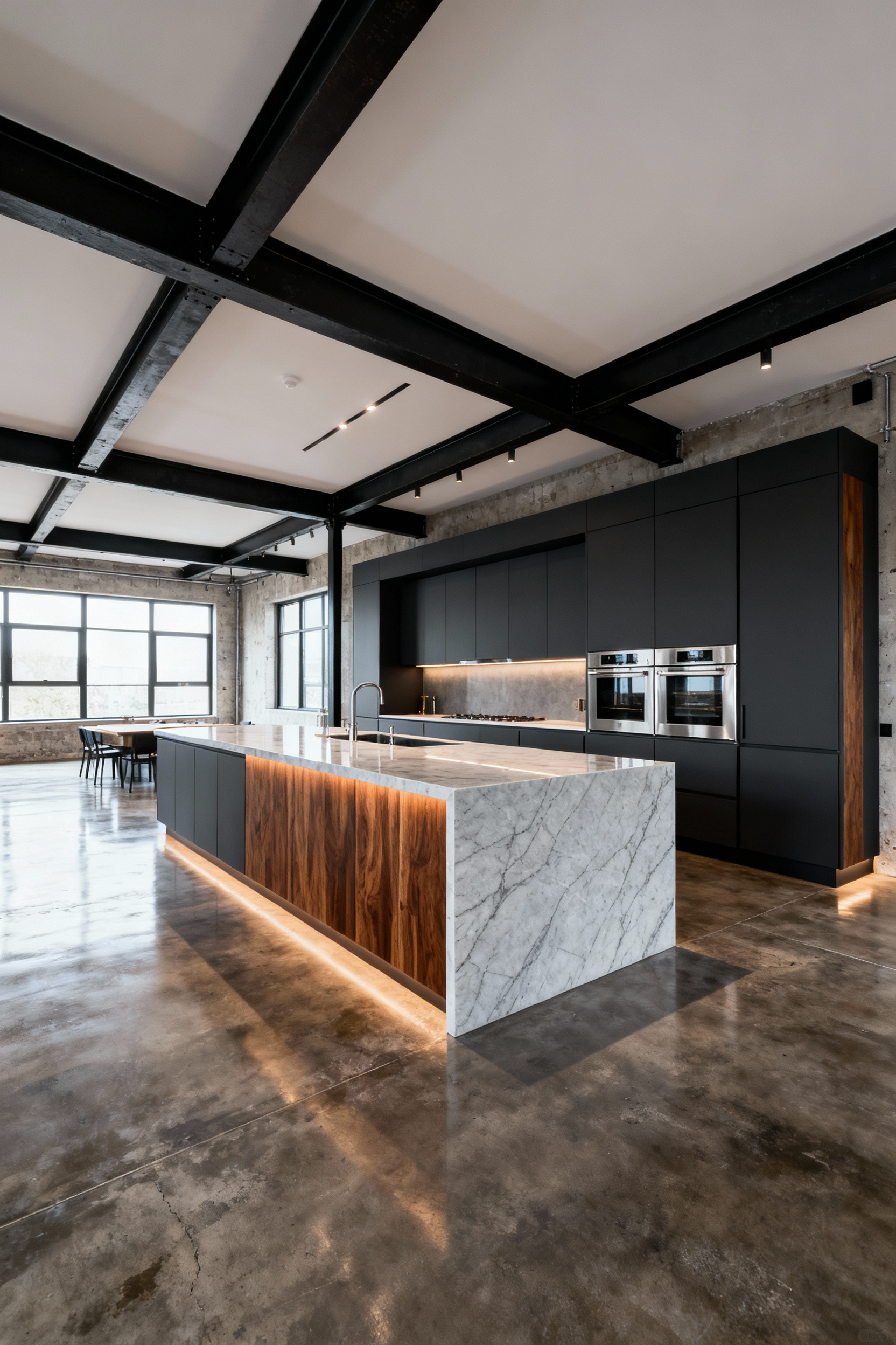 Expansive modern industrial kitchen with a large multi-zone quartz island, illustrating the open-plan 'Social Polygon' design replacing the traditional work triangle.