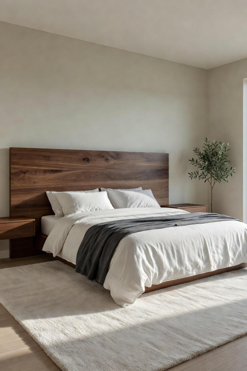 A modern master bedroom featuring a large solid walnut headboard and soft neutral bedding illuminated by warm natural sunlight.