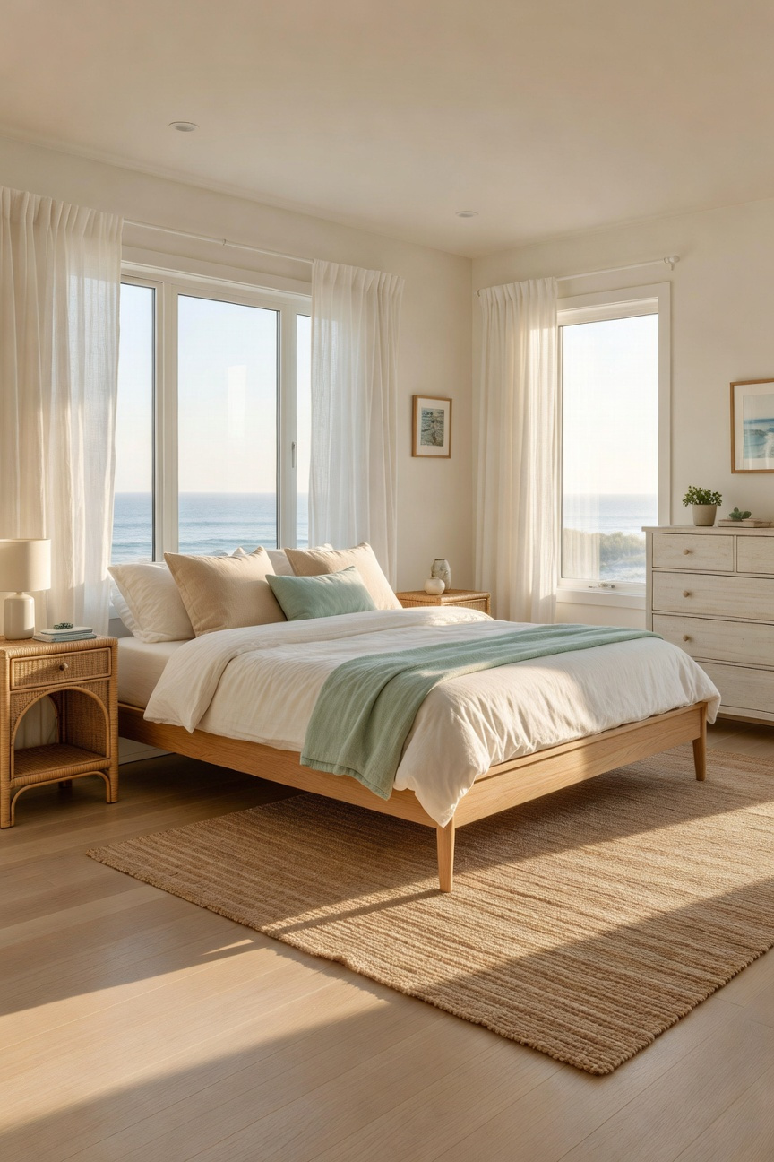 A bright coastal bedroom featuring a mix of non-matching wood and rattan furniture to create a curated, airy design.