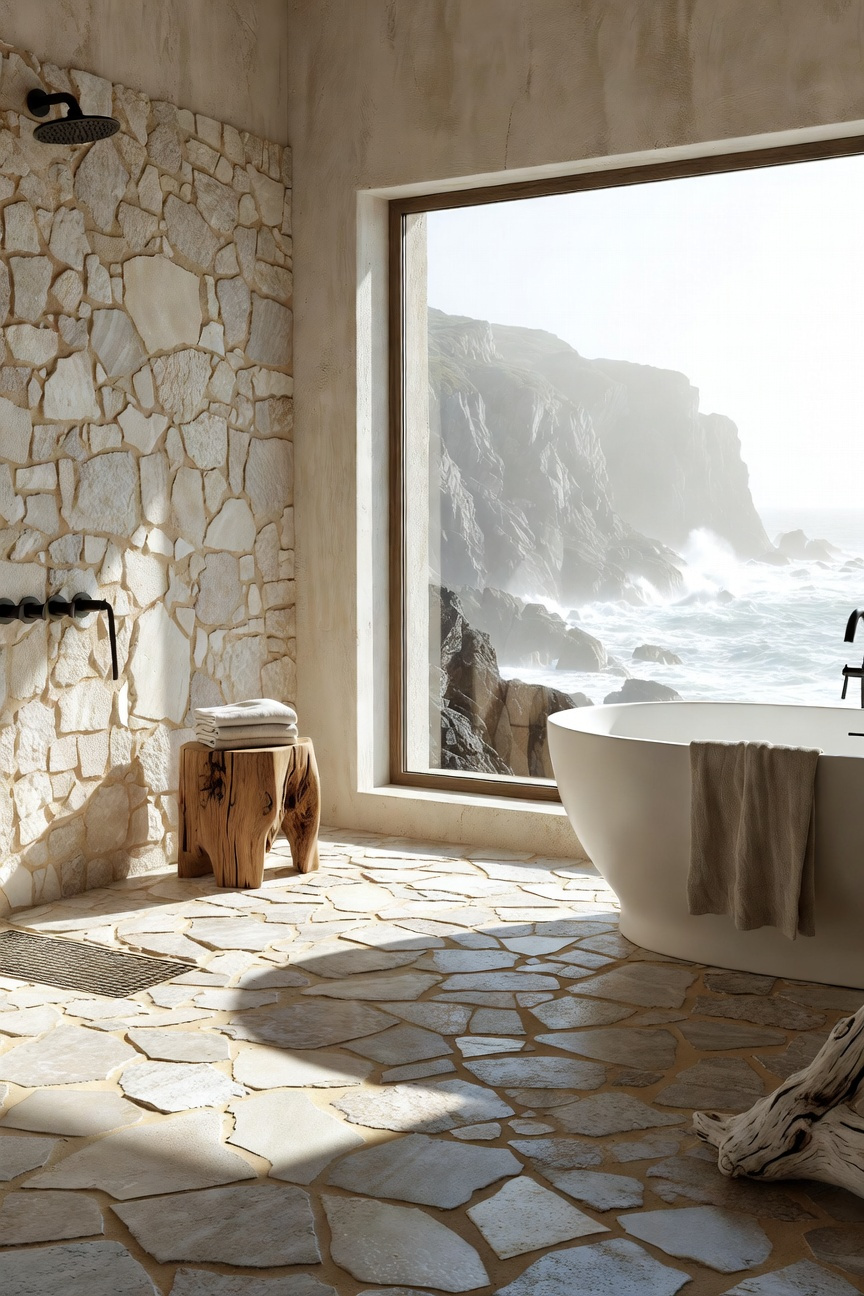 Tumbled limestone bathroom tiles that mimic the texture of eroded coastal cliffs and sea-worn stones, visible in a luxurious bathroom setting with a large window overlooking the ocean.