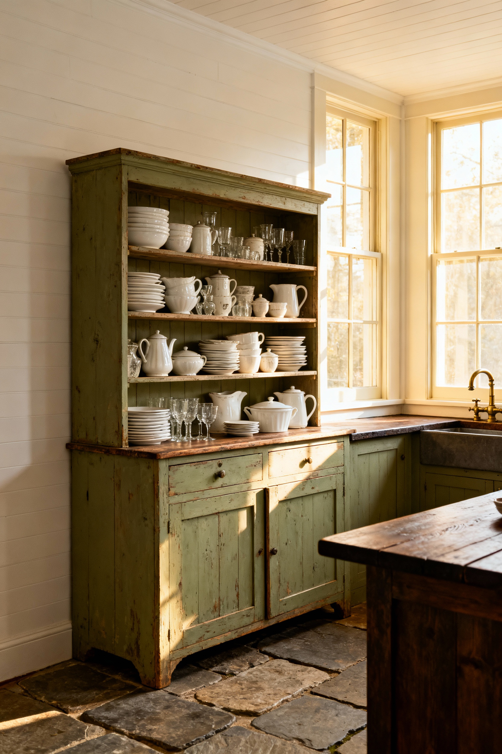 A full view of an unfitted rustic kitchen showcasing a large, freestanding vintage sage green hutch filled with white ironstone next to simple wooden countertops.