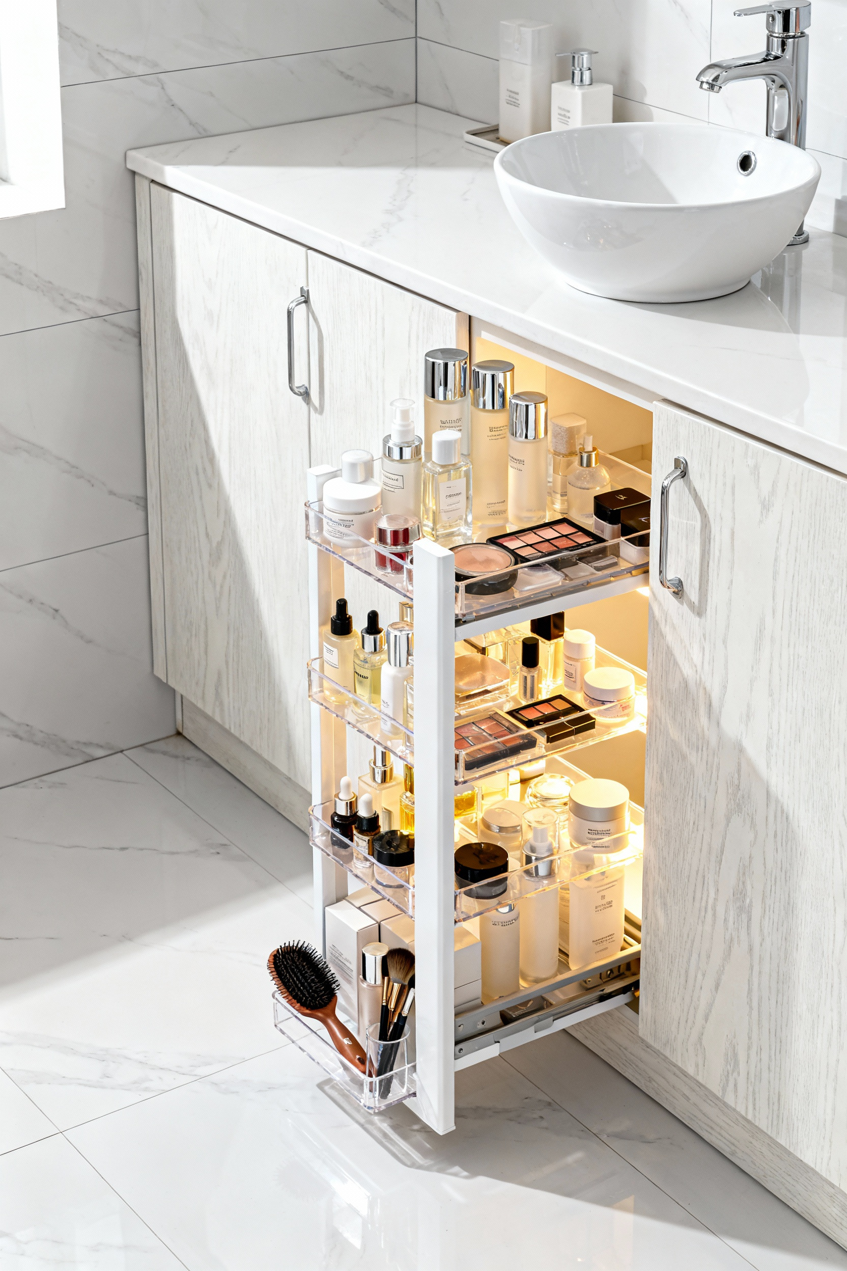 A fully extended vertical pull-out organizer filled with toiletries and cosmetics inside a modern light wood bathroom vanity cabinet, demonstrating accessible ergonomic storage that converts storage depth into linear motion.