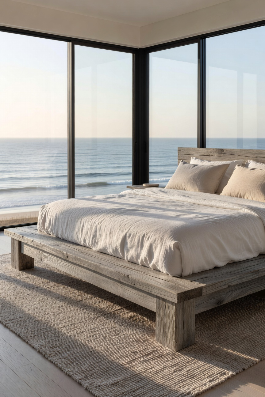 A weathered oak platform bed with a silver-gray grain texture in a sunlit coastal bedroom overlooking the ocean.