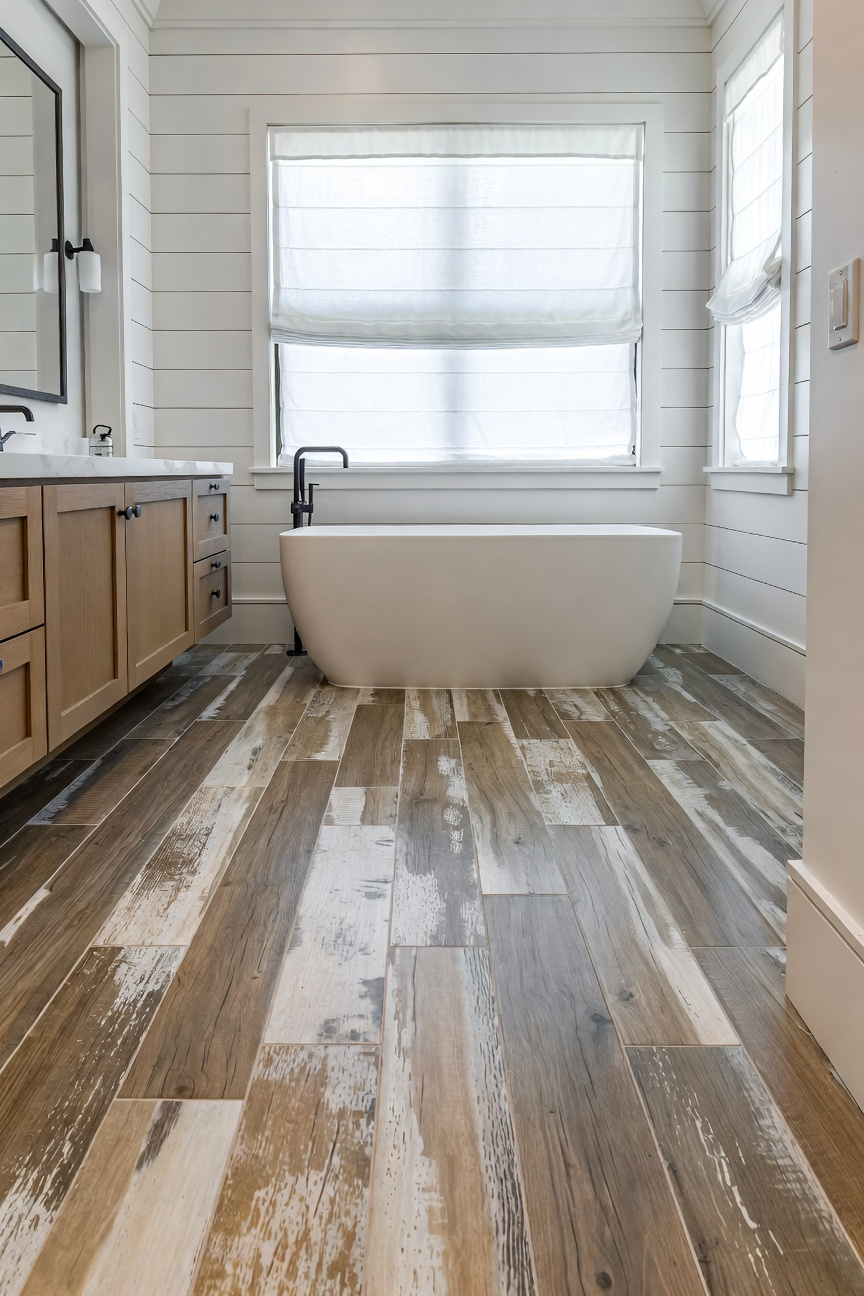 Spacious coastal bathroom floor tiled with realistic weathered gray driftwood-look porcelain leading to a white freestanding soaking tub.