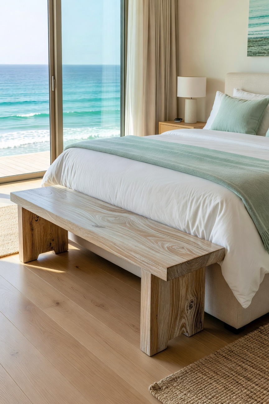 A stylish whitewashed teak bench at the foot of a bed in a bright coastal bedroom with an ocean view.