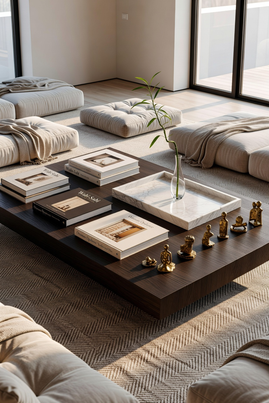 A low-profile modern coffee table styled with art books, a marble tray, and decorative brass objects in a sunlit living room.