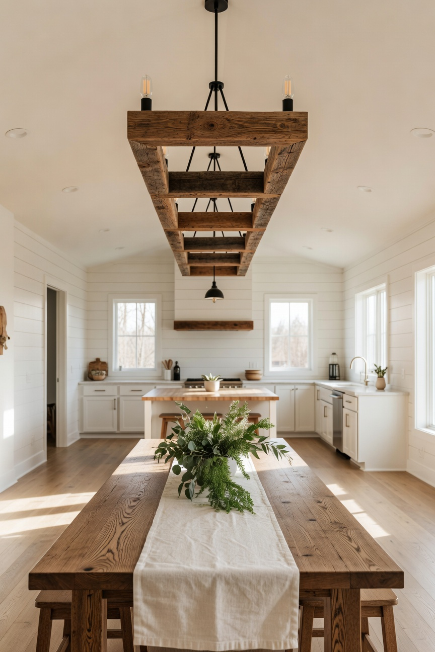 A large farmhouse chandelier centered over a long wooden dining table in a bright open-plan home.