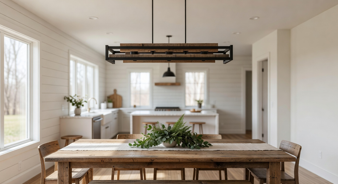 A large farmhouse chandelier centered over a long wooden dining table in a bright open-plan home.
