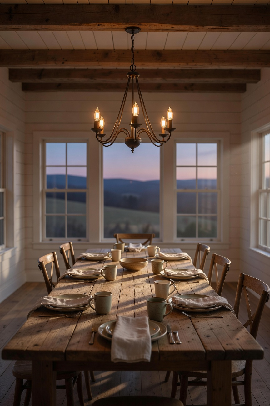 A dimly lit farmhouse dining room with a large wooden table and warm amber lighting from a chandelier.