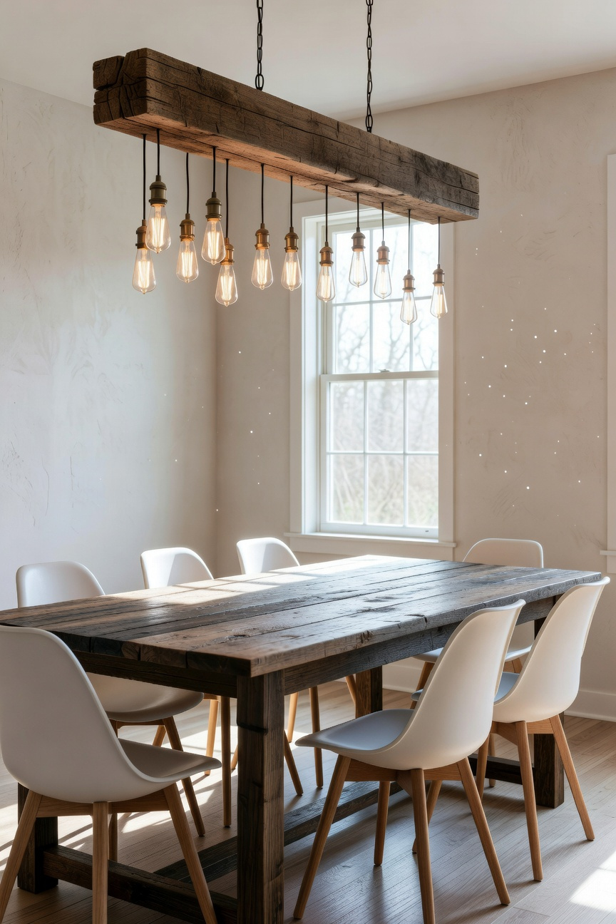 A farmhouse dining room showcasing the balance between white Mid-Century Modern chairs and a heavy reclaimed wood chandelier.