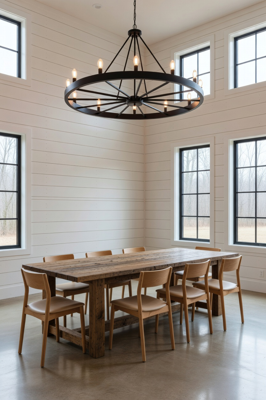 A modern black metal wagon wheel chandelier hanging over a long wooden table in a bright farmhouse dining room.