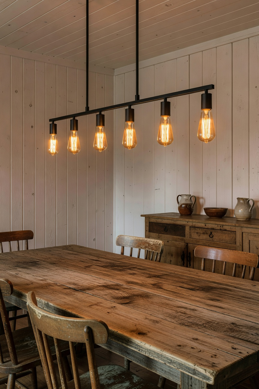 Farmhouse dining room with a reclaimed wood table and overhead chandelier using warm 2000K vintage Edison bulbs.
