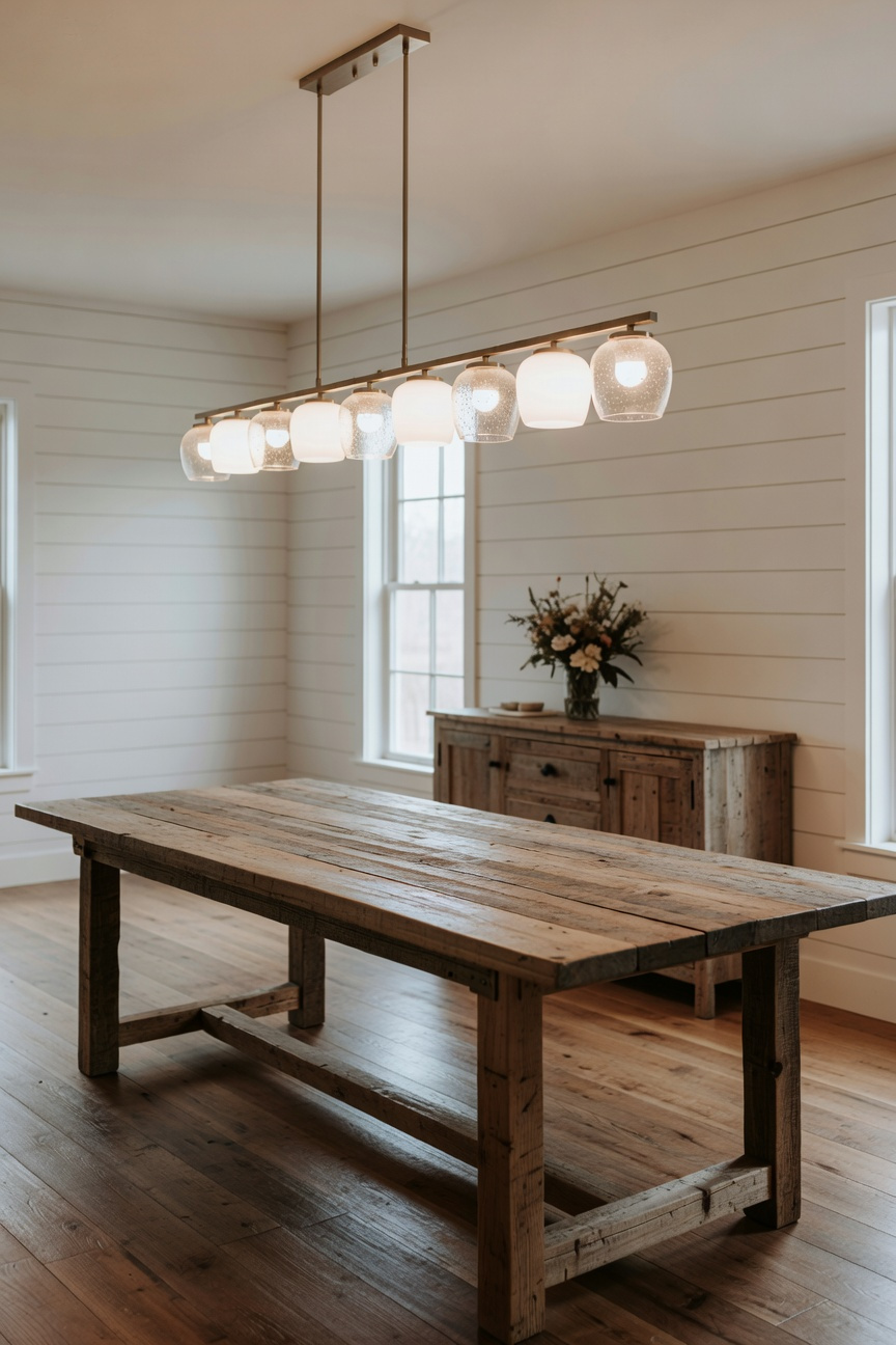 A bright farmhouse dining room with a long wooden table and a multi-bulb light fixture featuring translucent milk glass and seeded glass shades.